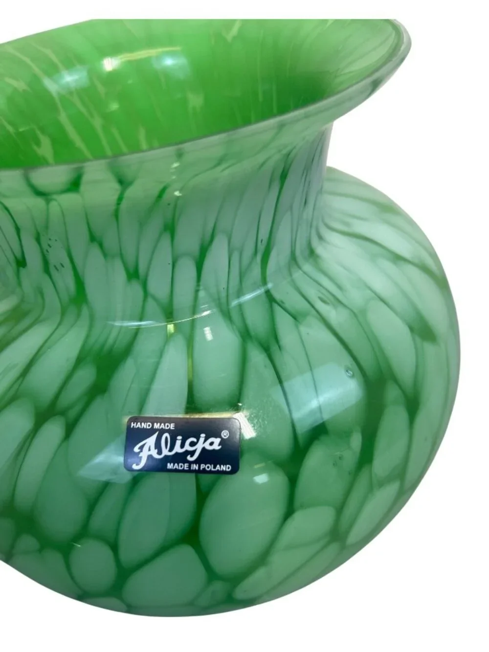 Alicja Hand Blown Art Glass Vase Green White Marbled Pebble Pattern Poland